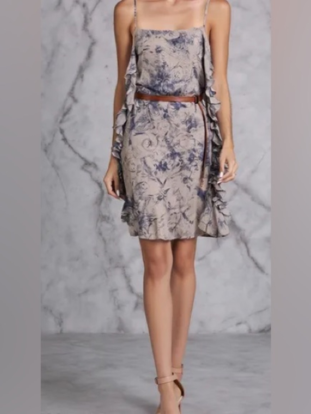 Guess 4 Corner Ruffle Dress in Tan w/ Navy Print Sundress